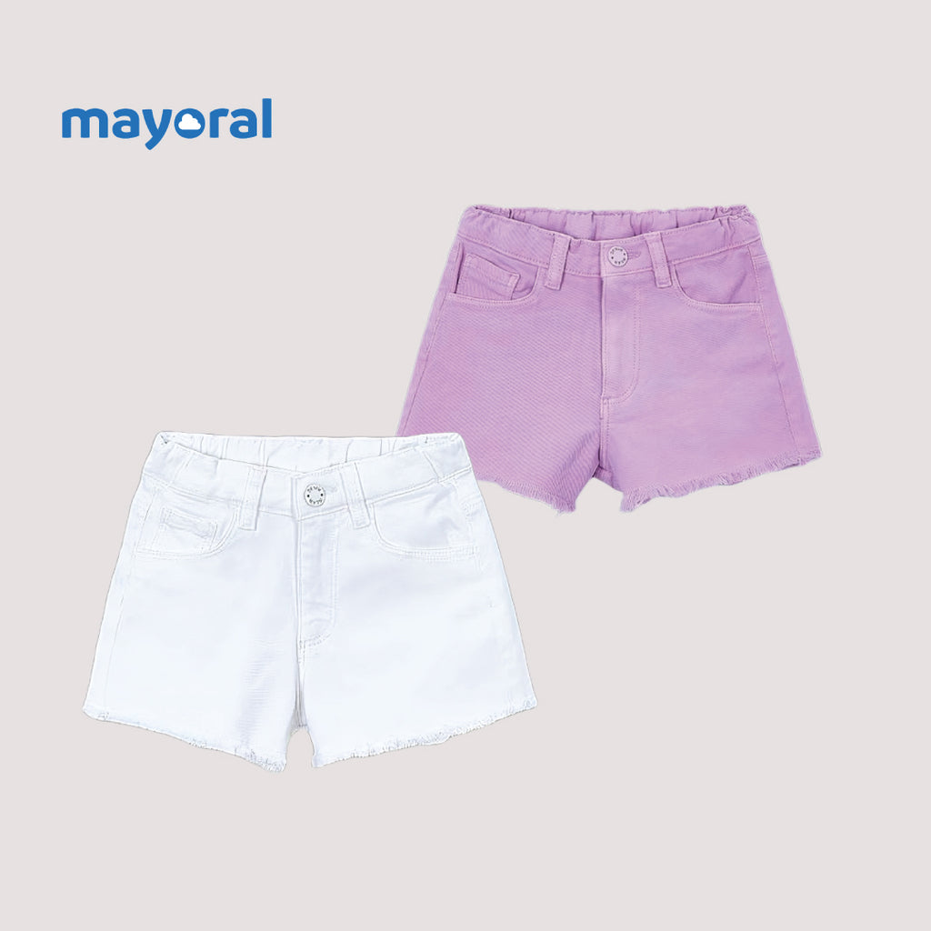 Mayoral Girls Denim Shorts (Pack of 2) — Soft Cotton Frayed Hem Shorts in Purple & White