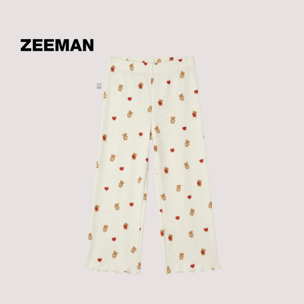 Original Zeeman Toddler Girls Ribbed Flared Leggings | Teddy Bear & Heart Print Flappers
