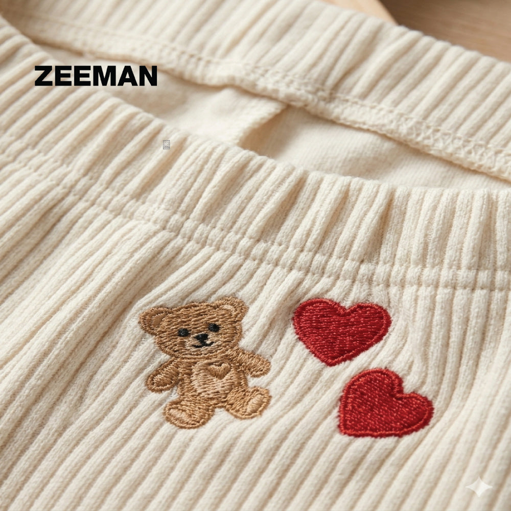 Original Zeeman Toddler Girls Ribbed Flared Leggings | Teddy Bear & Heart Print Flappers