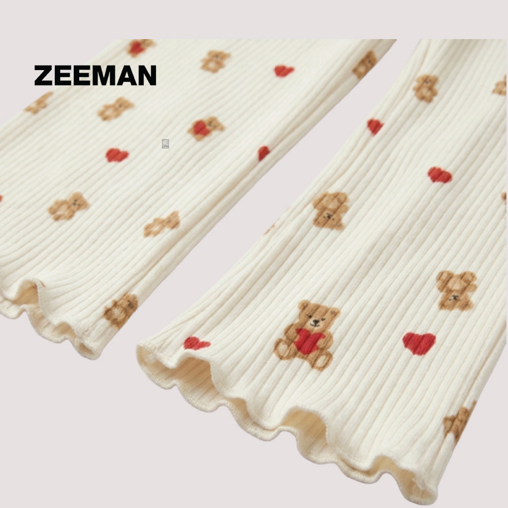 Original Zeeman Toddler Girls Ribbed Flared Leggings | Teddy Bear & Heart Print Flappers