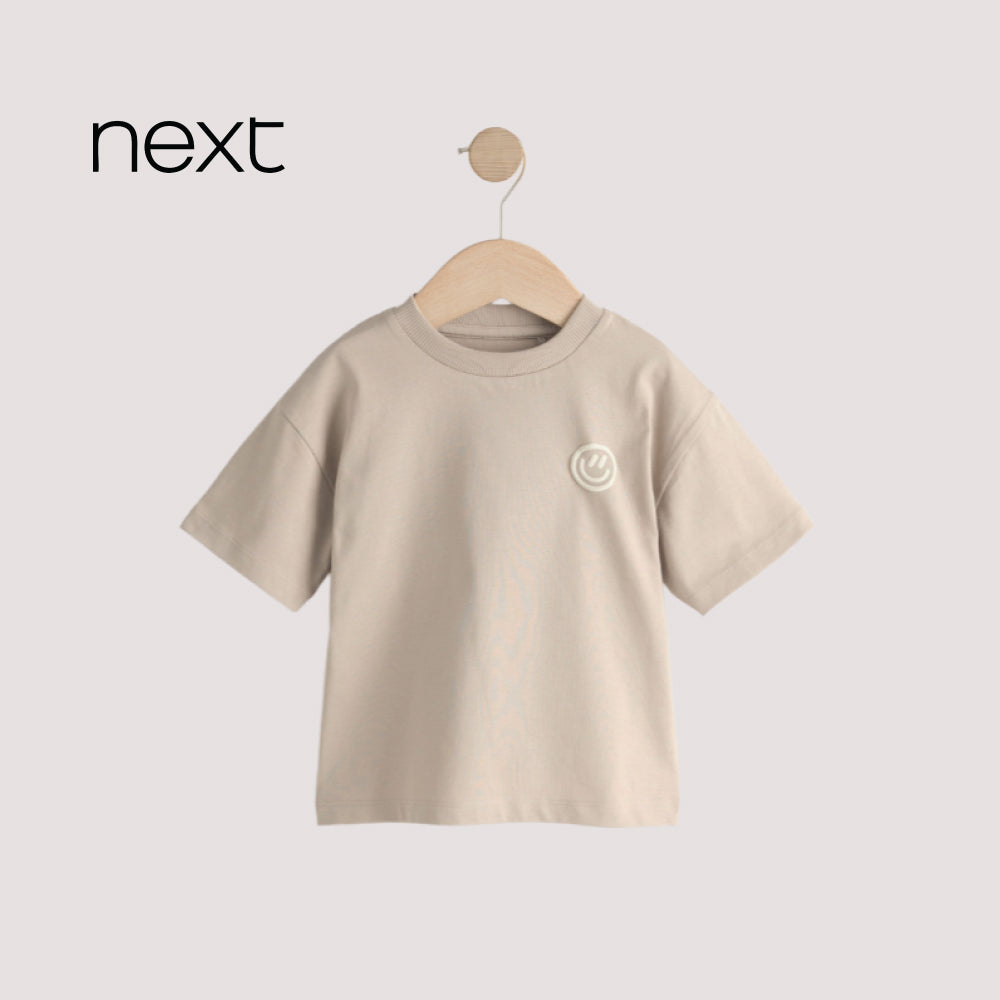 Next Kids' Smiley Face Badge Oversized Cotton T-Shirt – Sand Cream