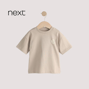 Next Kids' Smiley Face Badge Oversized Cotton T-Shirt – Sand Cream