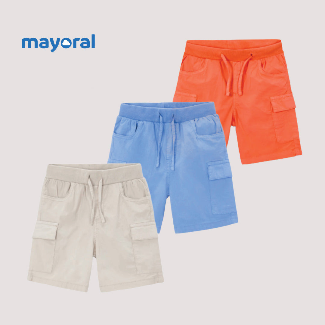 Mayoral Kids Cotton Cargo Shorts (Pack of 3) – Grey, Blue & Orange