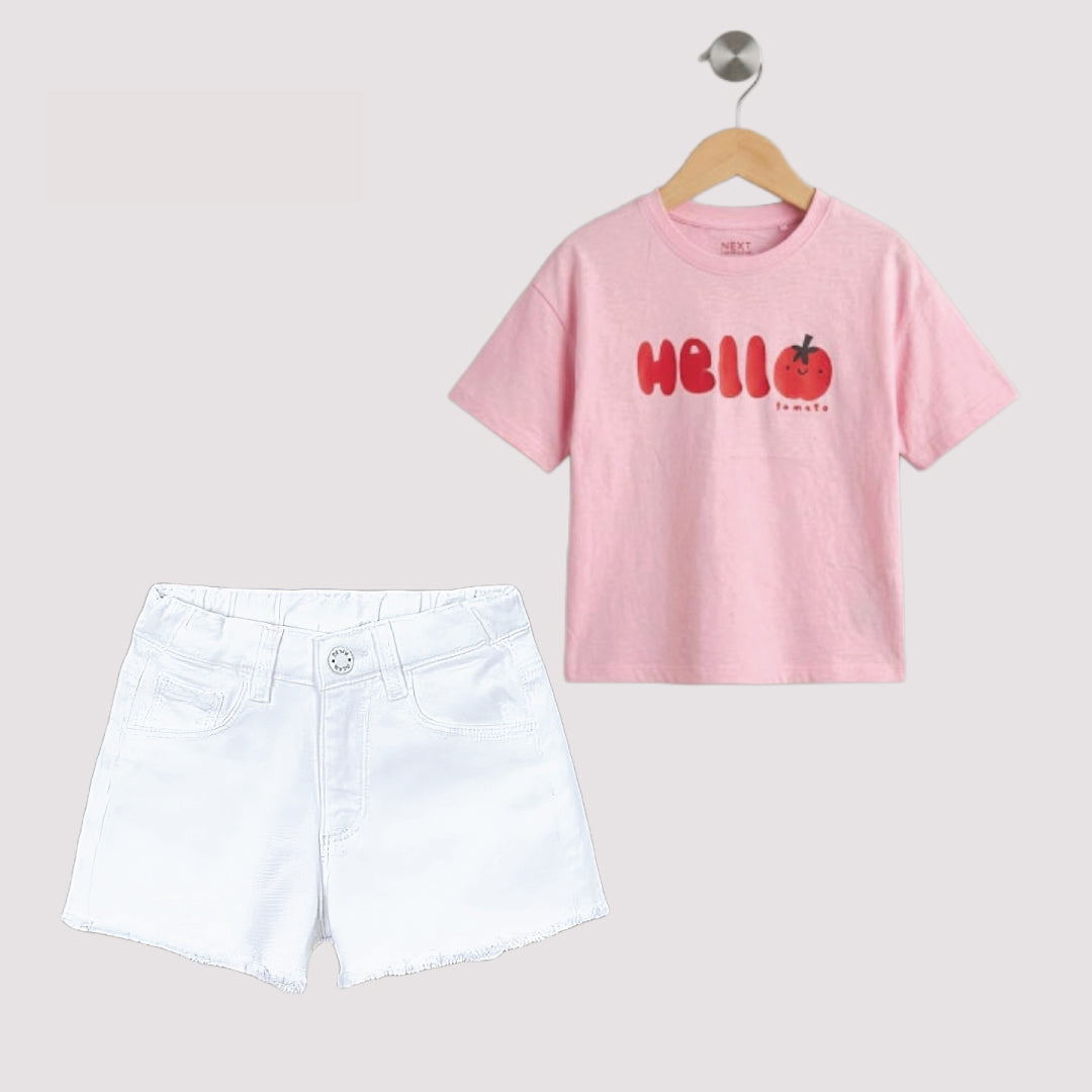 Mayoral Girls "Hello Tomato" T-Shirt & Denim Shorts Set (2-Piece)