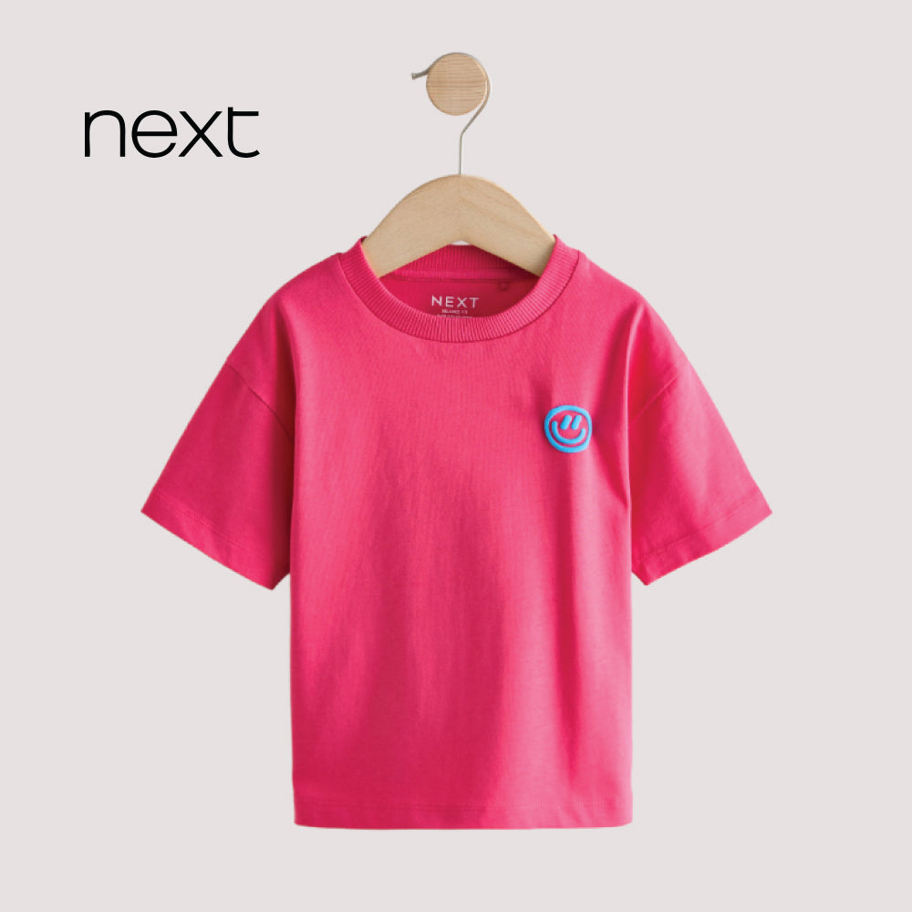 Next Kids' Winking Smiley Badge Oversized Cotton T-Shirt – Berry Pink