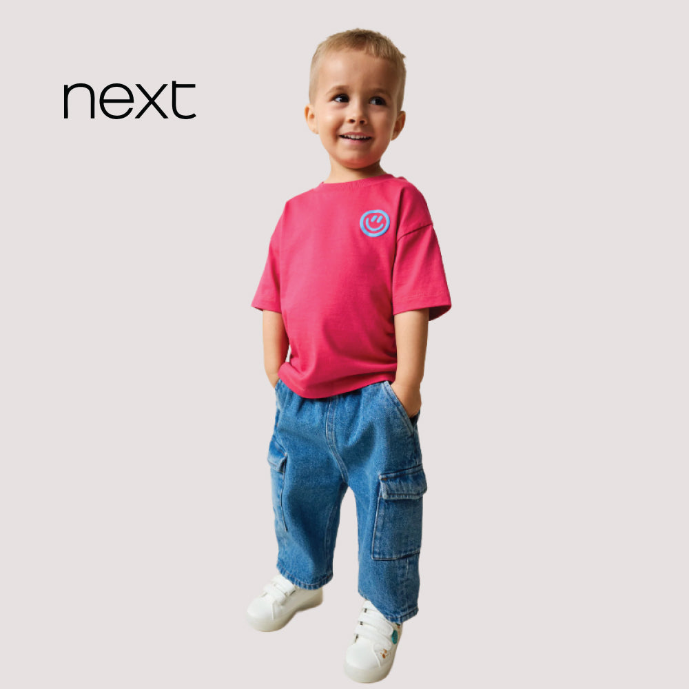 Next Kids' Winking Smiley Badge Oversized Cotton T-Shirt – Berry Pink