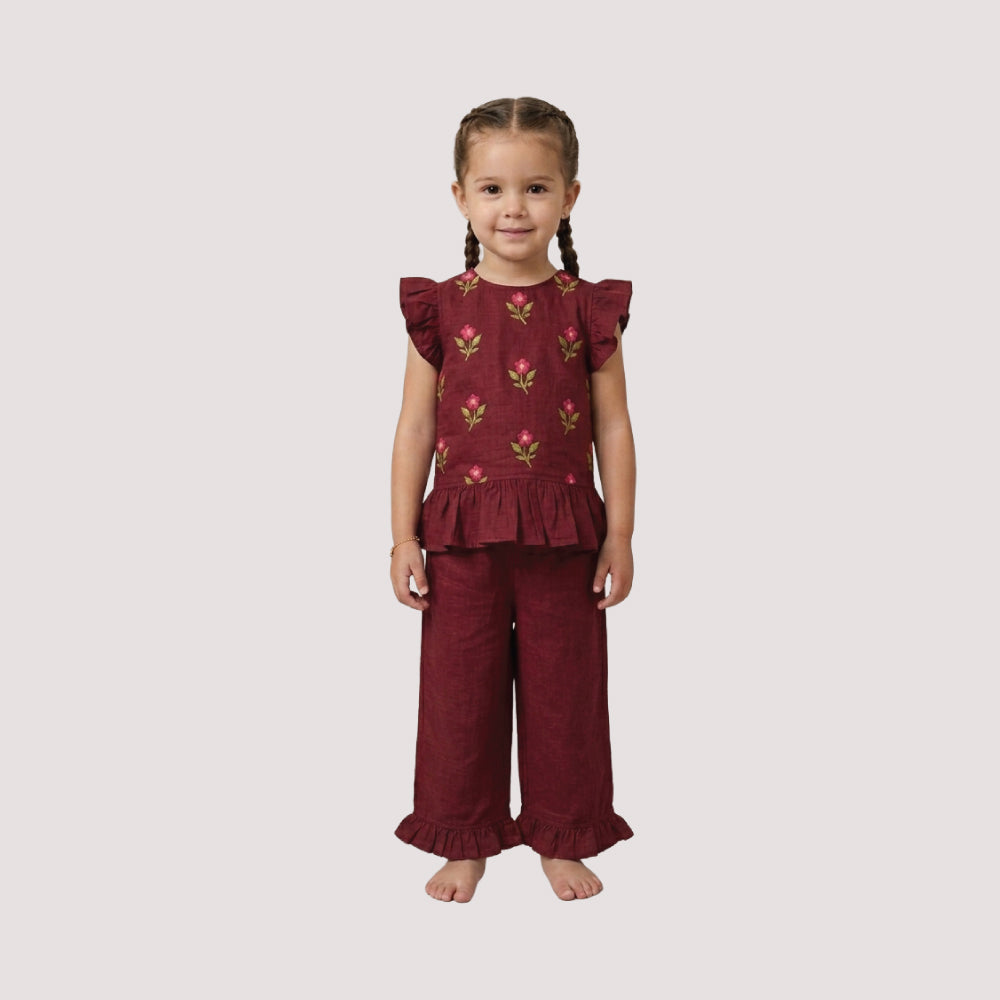 Maroon Floral Ruffle Co-Ord
