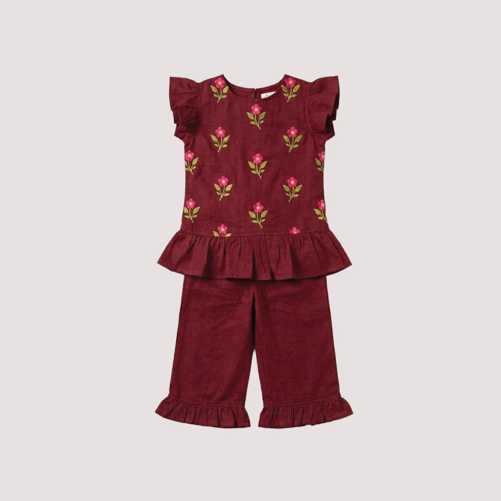 Maroon Floral Ruffle Co-Ord